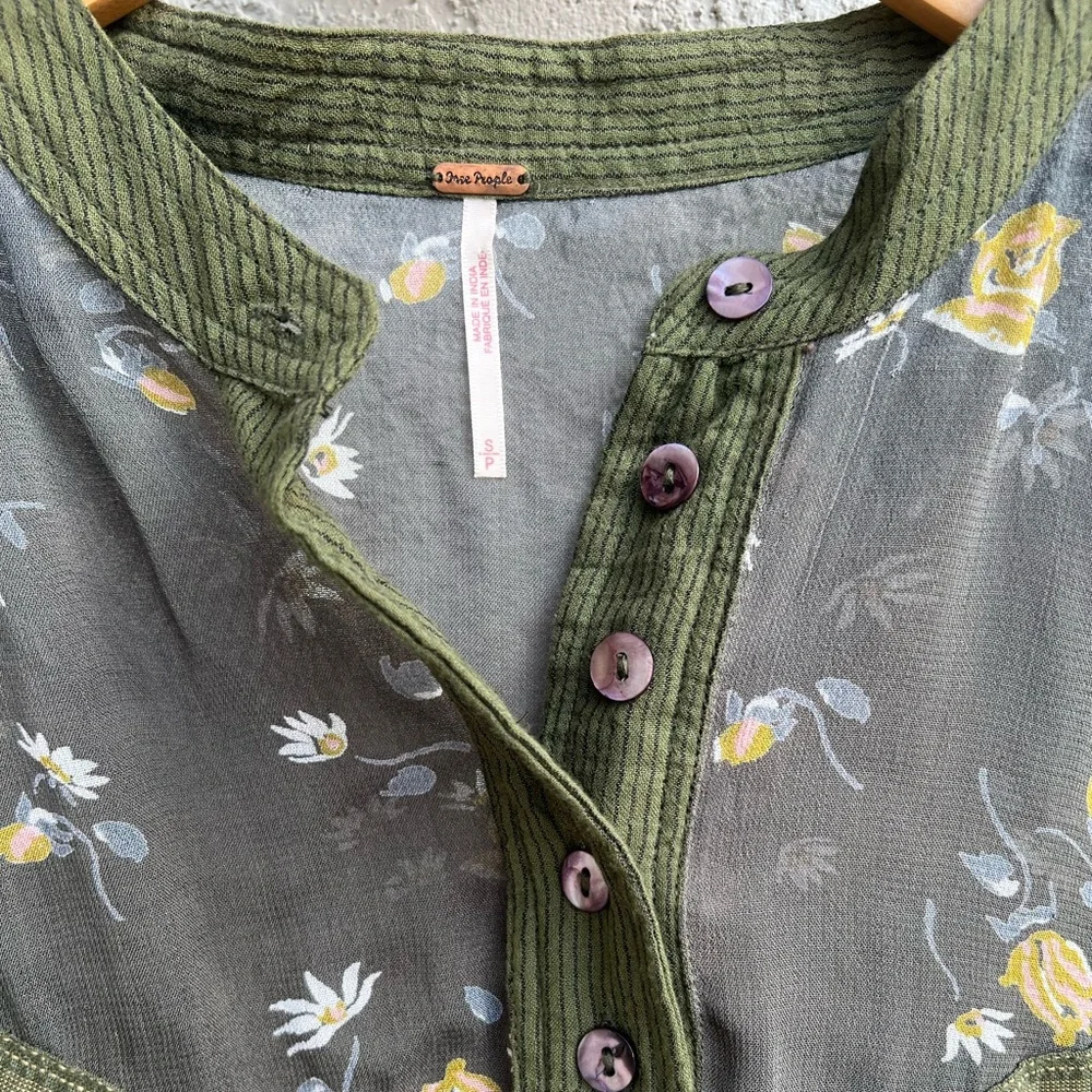 Free People Olive Green Floral Blouse